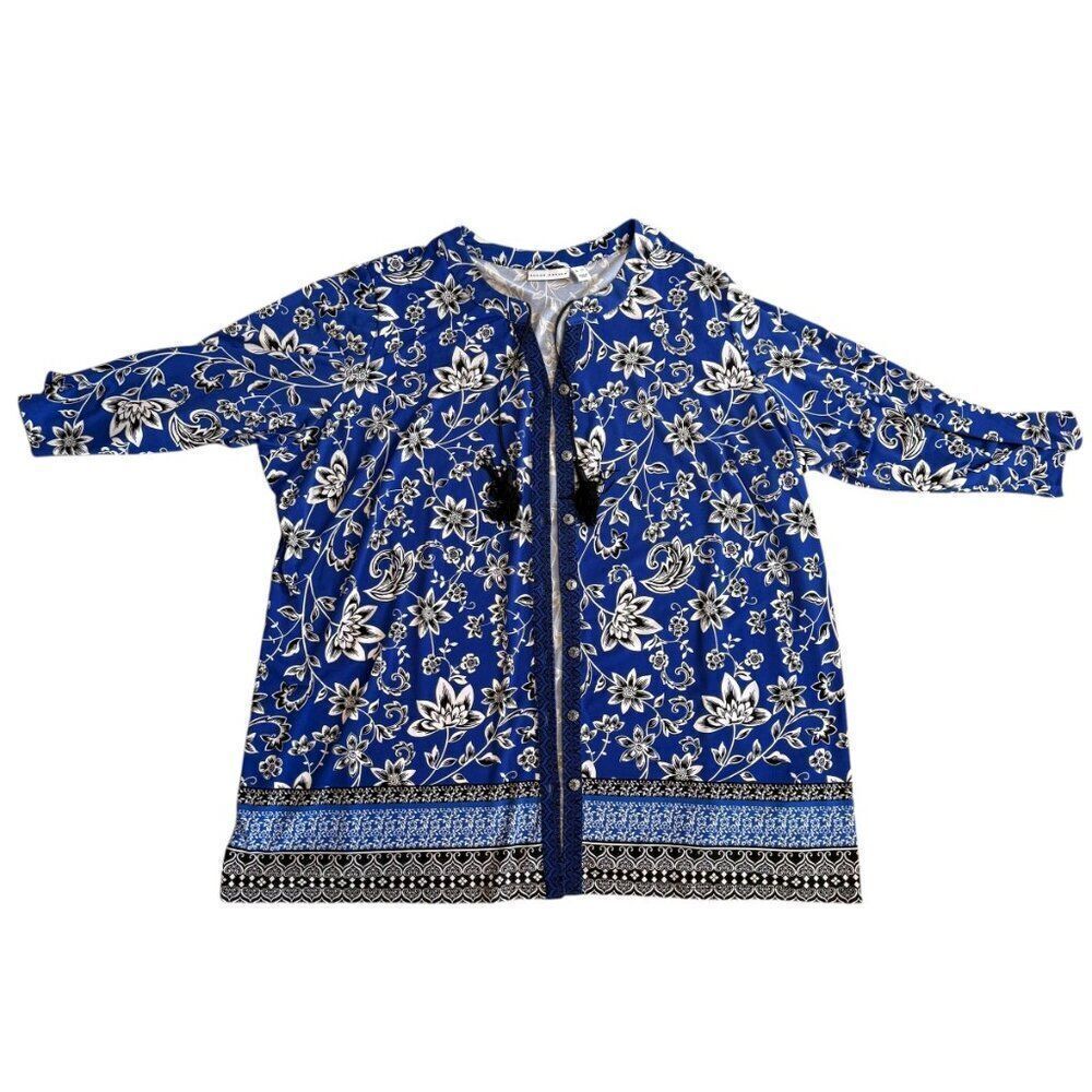 Susan Graver Open Front Cardigan Top Shirt Plus Size 3X Blue White Floral Tassel